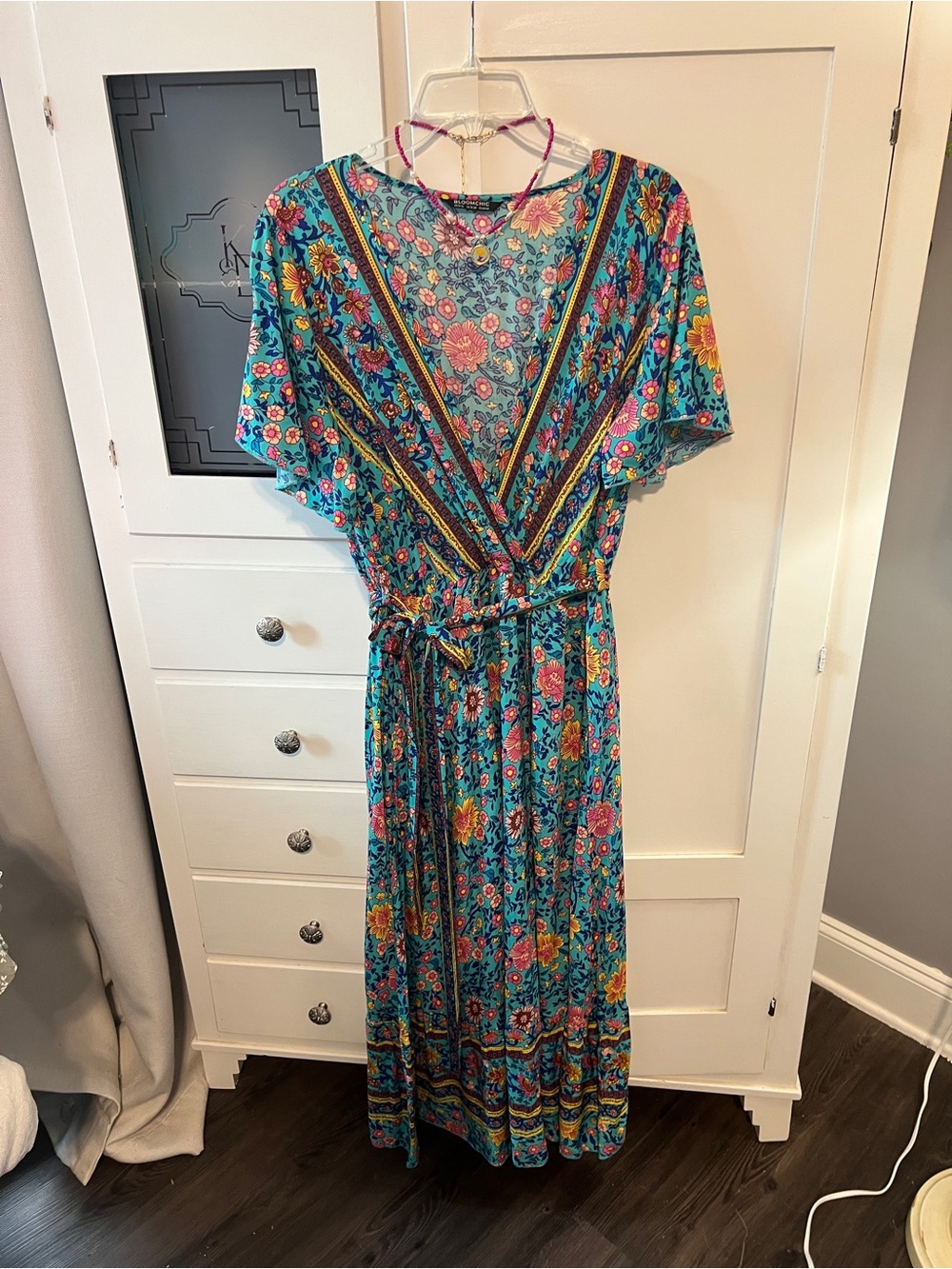 BloomChic Teal Floral Maxi Dress with Waist Tie - Picture 2 of 10